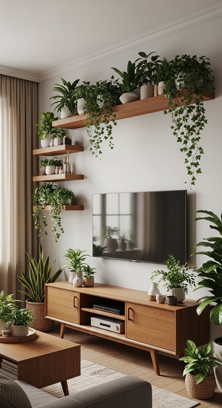 Mur TV de salon avec meuble en bois et nombreuses plantes sur étagères