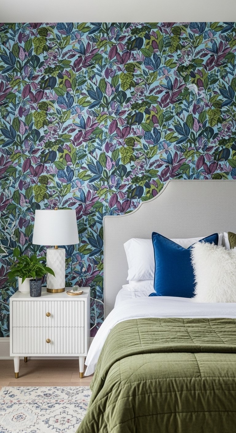 Mur de chambre recouvert d un papier peint a feuillage dense et colore