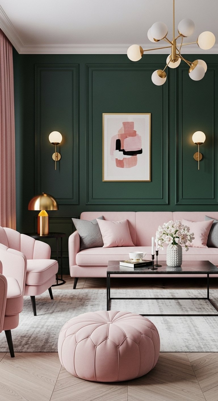 Murs de salon vert foret avec moulures et mobilier rose poudre