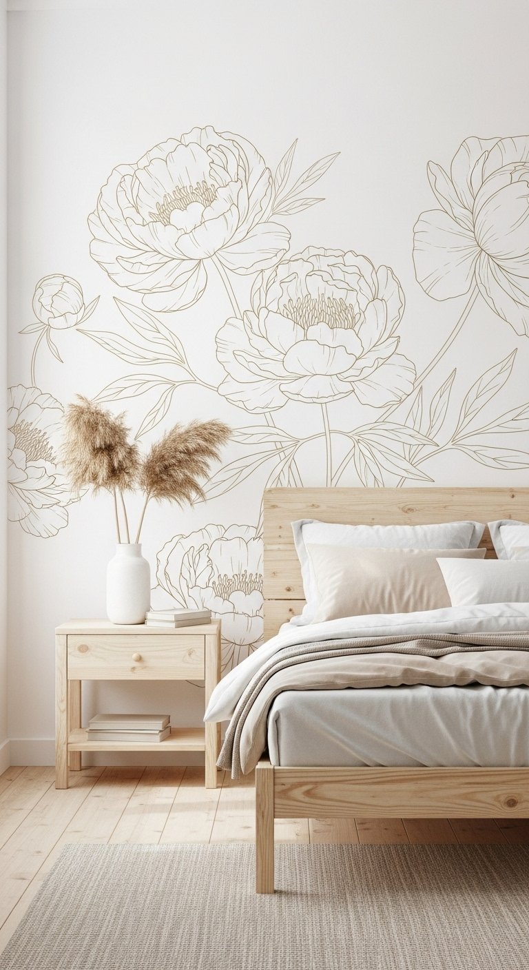 Papier peint blanc a motif de fleurs dorees en line art dans une chambre scandinave