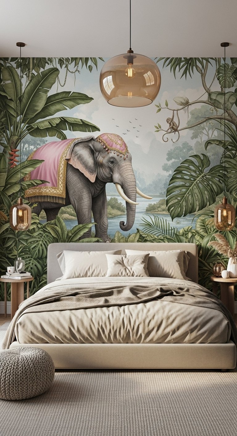 Papier peint panoramique de jungle avec un éléphant derrière un lit