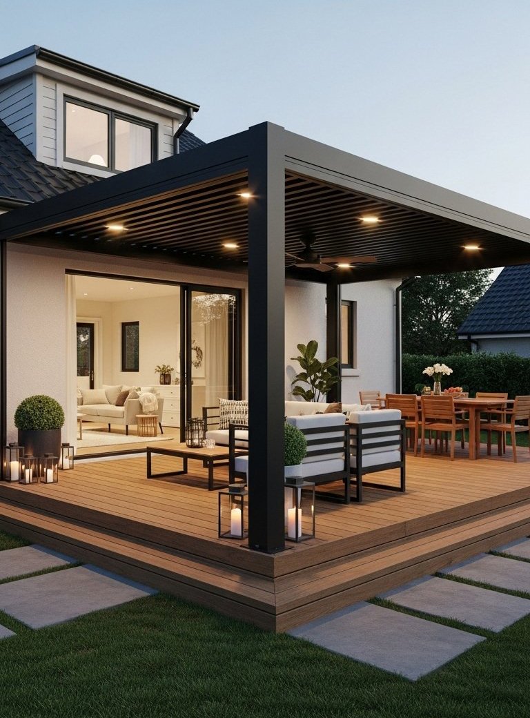 Pergola bioclimatique noire moderne attachée à une maison avec éclairage intégré