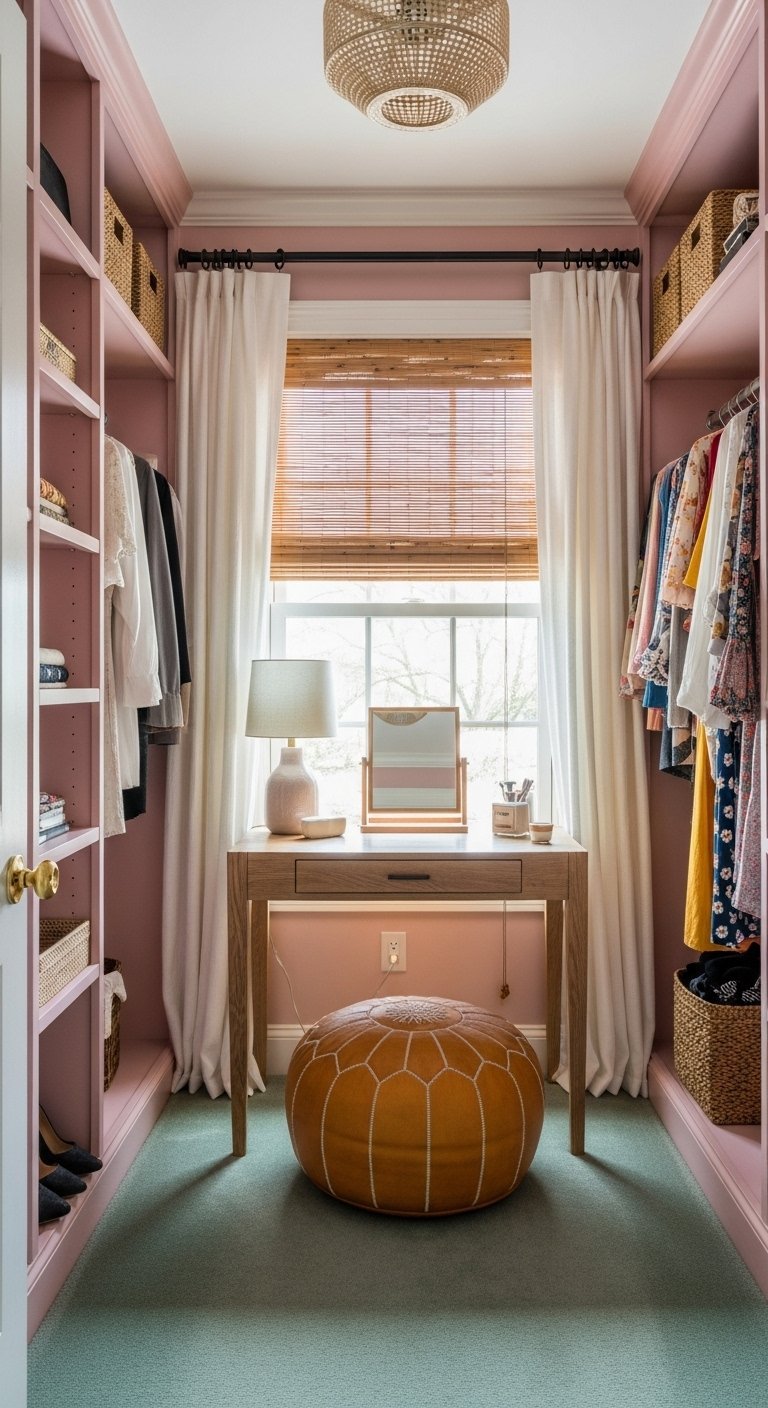 Petit dressing rose avec bureau sous la fenêtre et pouf en cuir