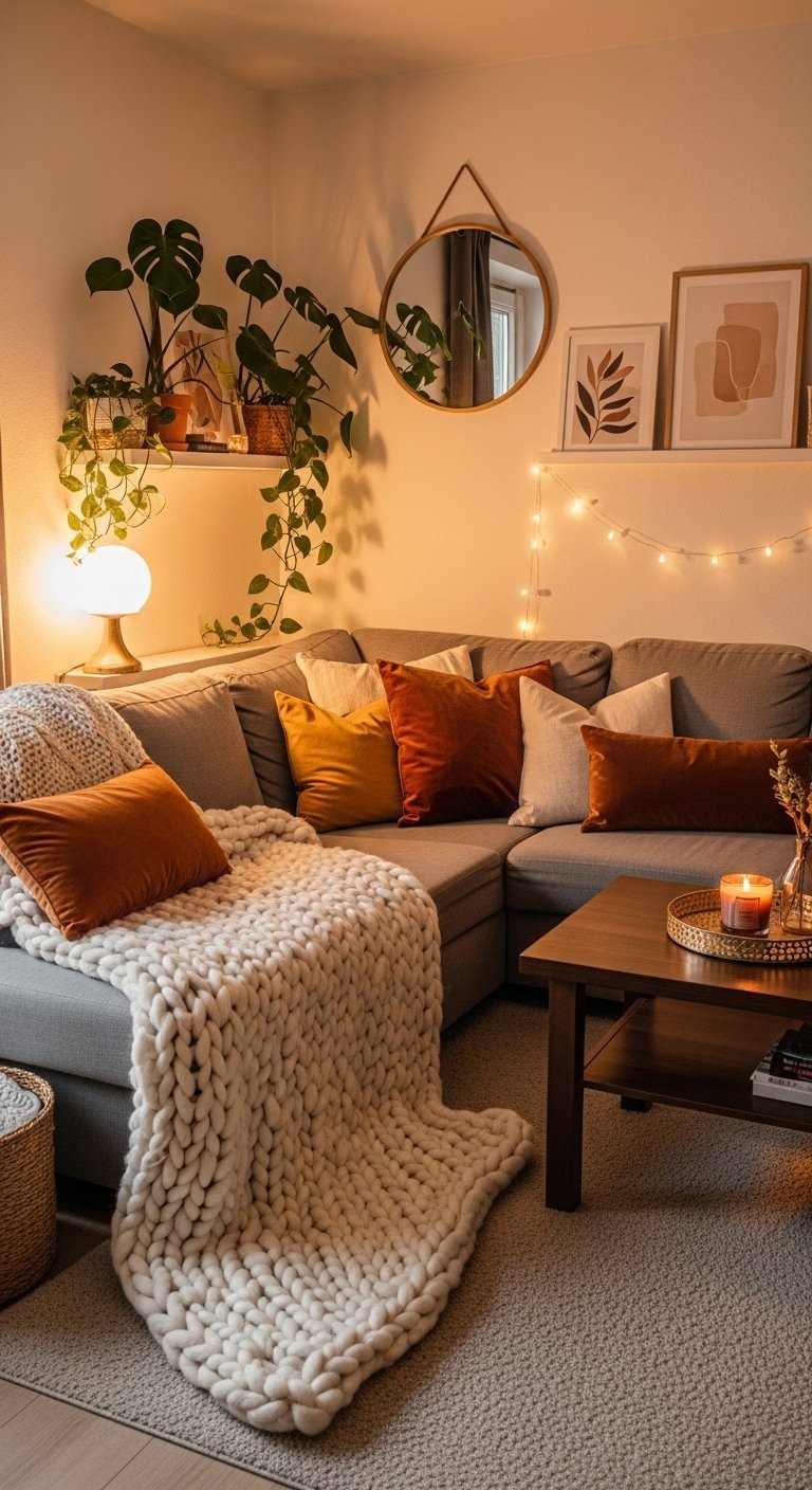 Petit salon avec canapé gris plaid en grosse maille et coussins couleur rouille