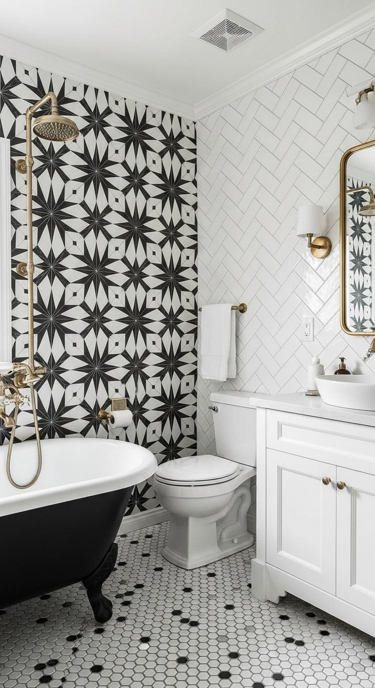 Petite salle de bain tendance avec papier peint graphique noir et blanc