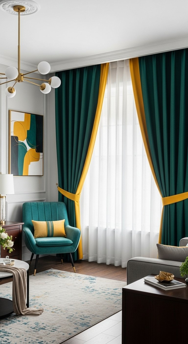 Rideaux vert émeraude avec une large bordure jaune tenus par des embrasses assorties