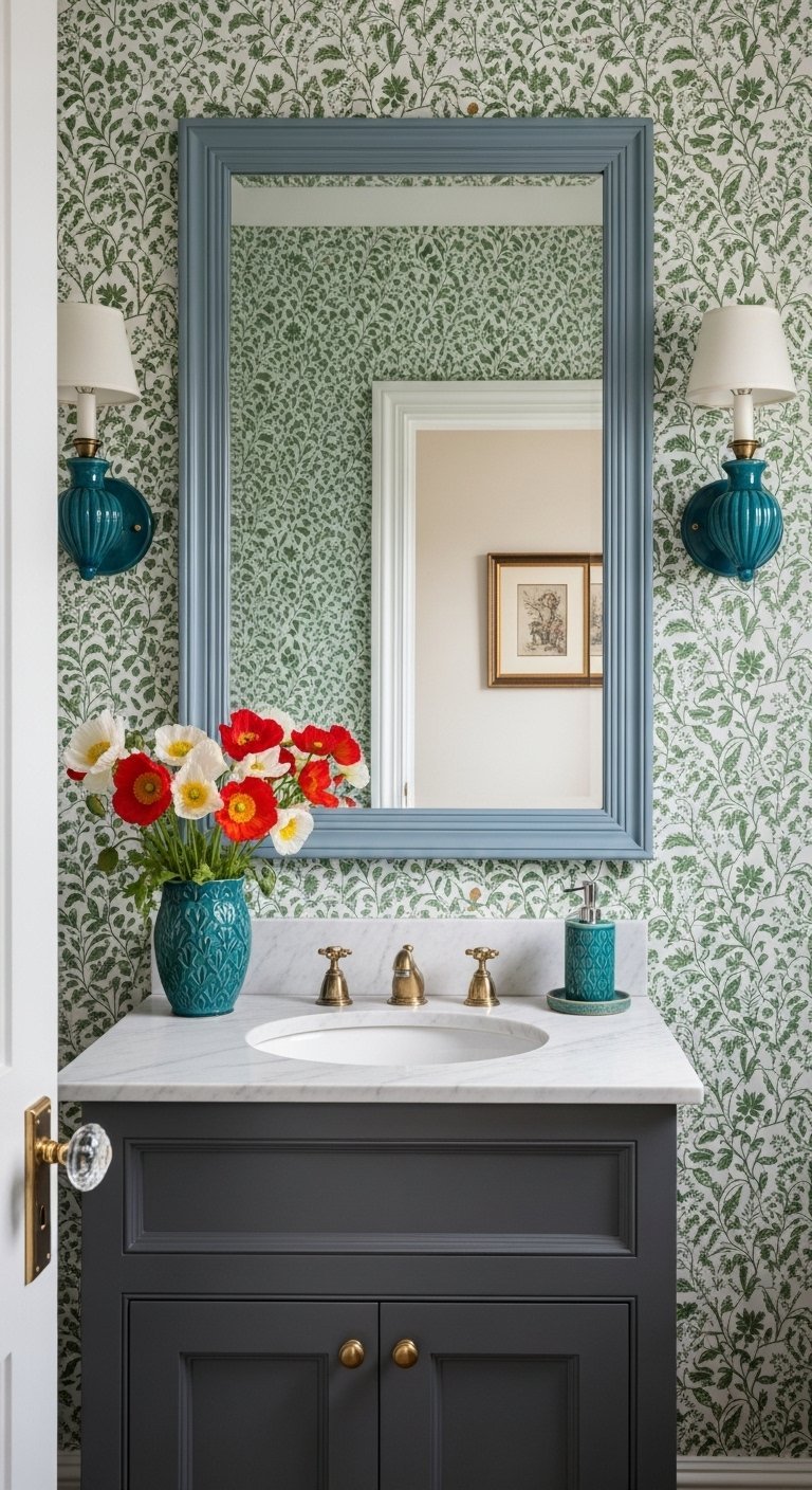 Salle de bain avec papier peint a motif vegetal et miroir bleu