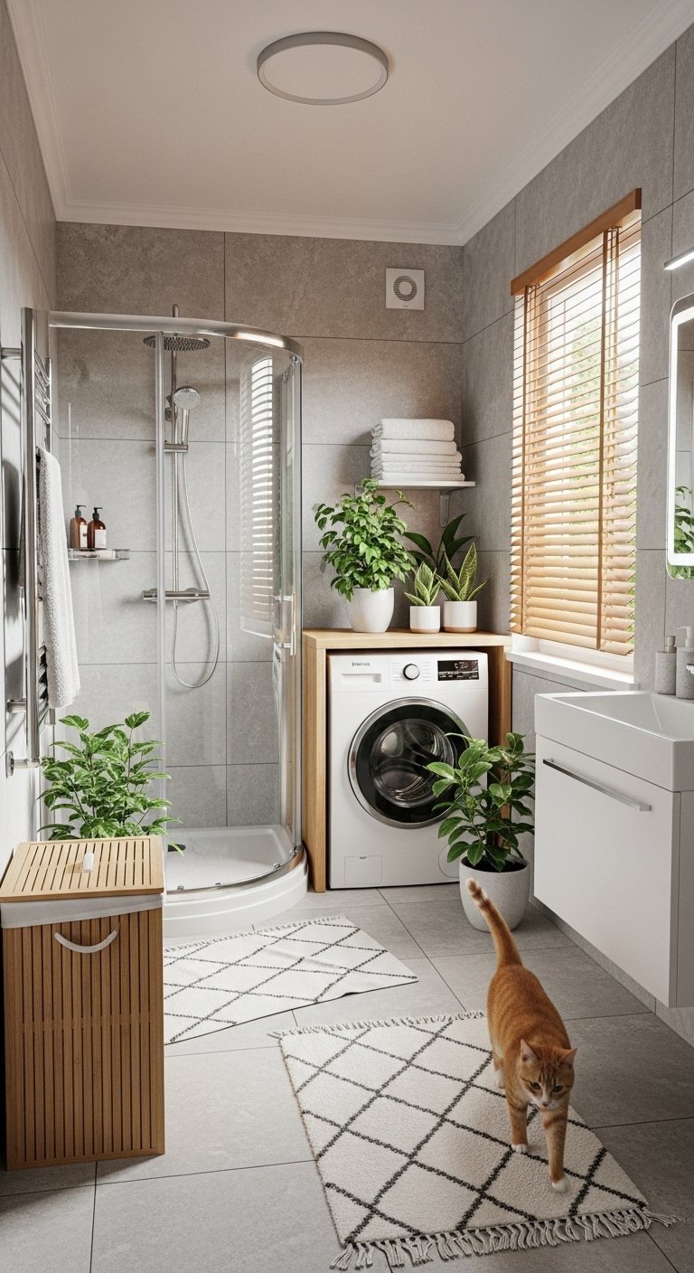 Salle de bain fonctionnelle avec machine à laver intégrée sous un plan en bois