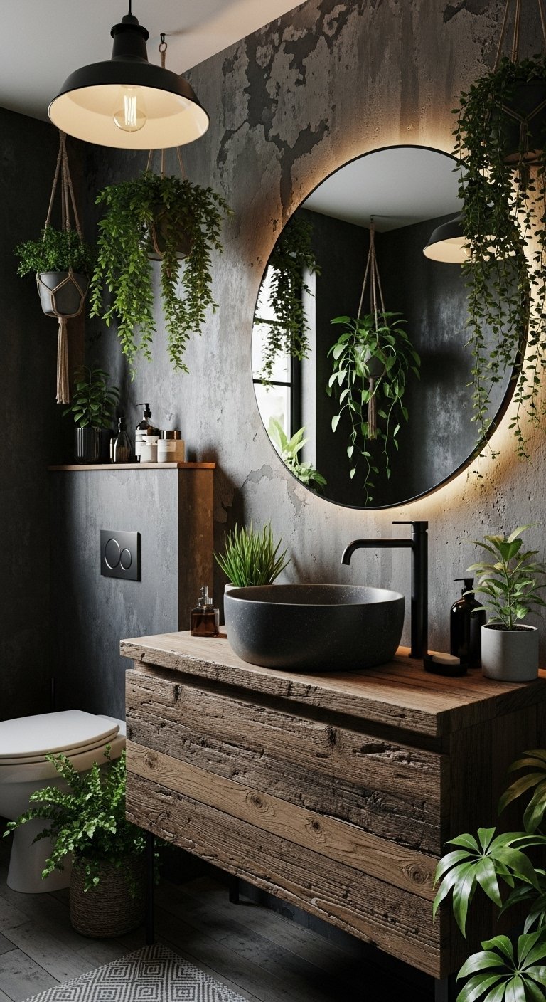 Salle de bain industrielle nature avec mur beton cire et plantes