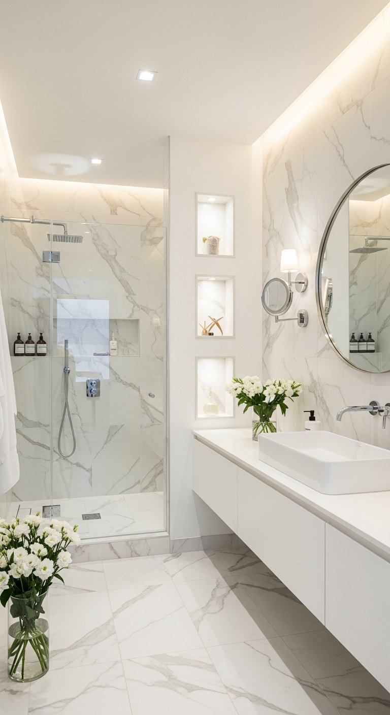 Salle de bain lumineuse en marbre blanc avec douche vitrée et meuble blanc