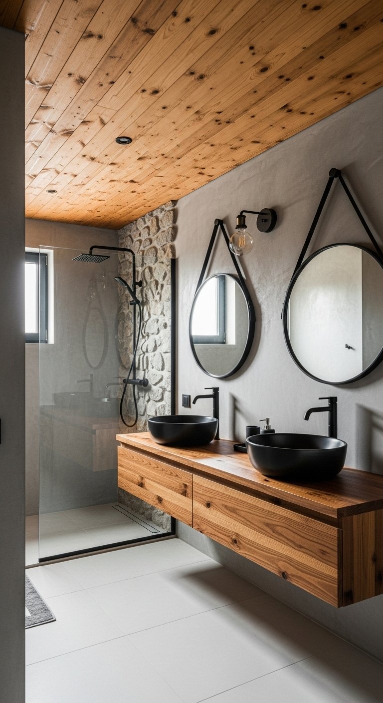 Salle de bains moderne avec plafond en bois meuble en bois et vasques noires