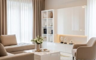 Salon beige moderne et luxueux avec meuble blanc laque et lustre dore