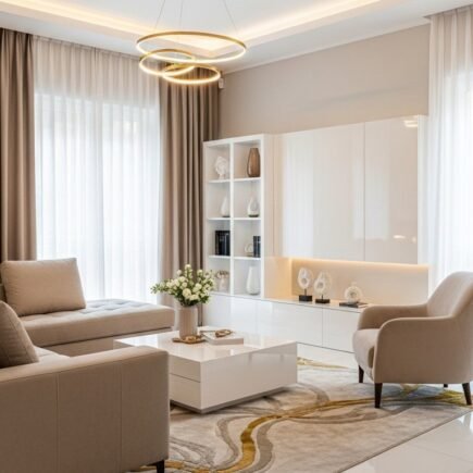Salon beige moderne et luxueux avec meuble blanc laque et lustre dore
