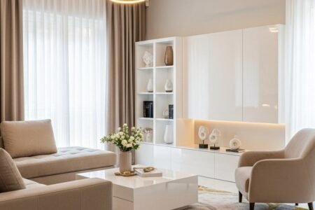 Salon beige moderne et luxueux avec meuble blanc laque et lustre dore