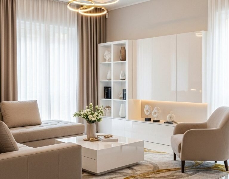 Salon beige moderne et luxueux avec meuble blanc laque et lustre dore