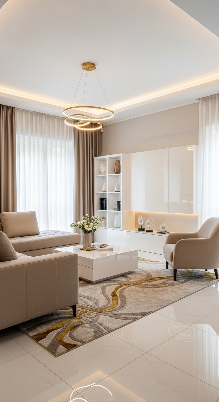 Salon beige moderne et luxueux avec meuble blanc laque et lustre dore