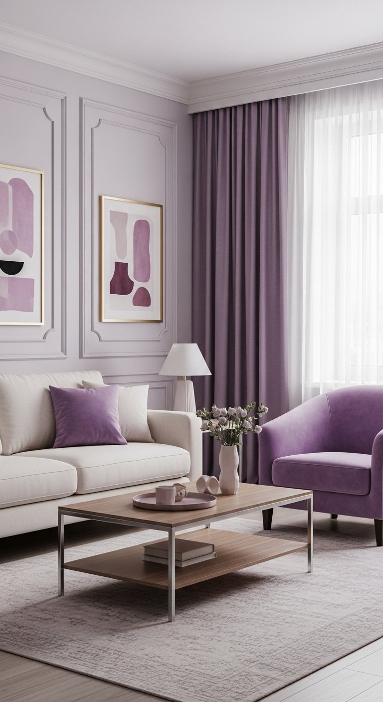Salon elegant avec des murs peints en parme et des moulures ton sur ton