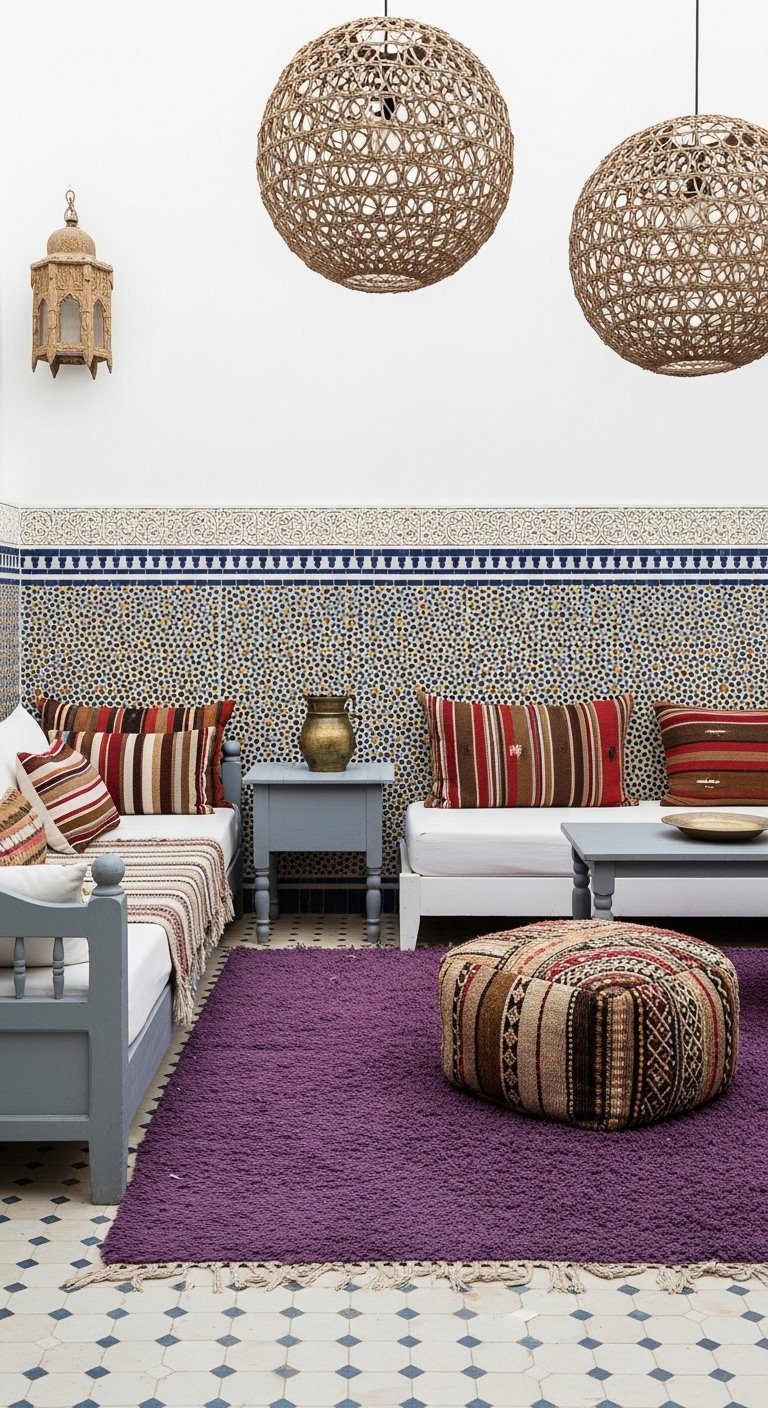 Salon marocain bohème avec tapis violet et banquettes grises