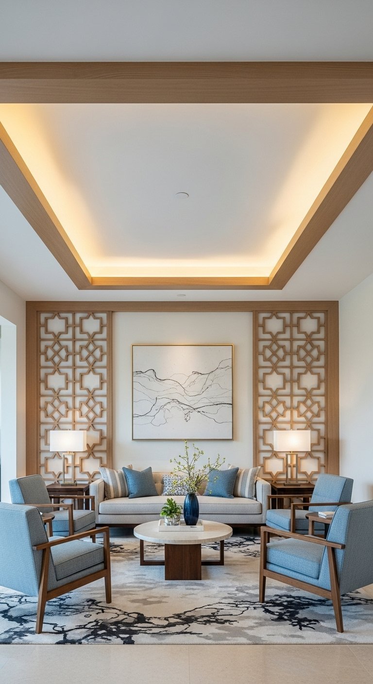 Salon moderne avec un faux plafond simple encadré de bois clair