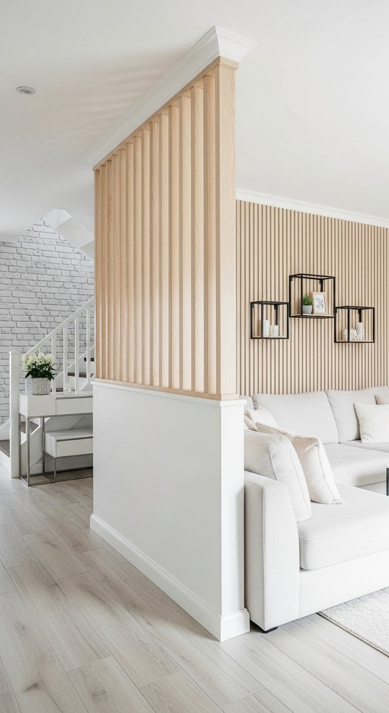 Separation d entree avec claustra en bois et banc a coussin jaune