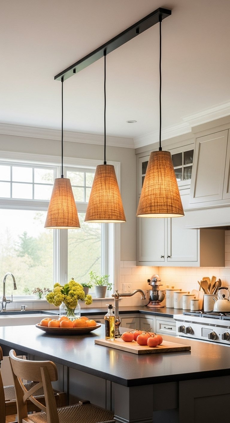 Suspensions luminaires coniques en tissu au dessus d un comptoir de cuisine