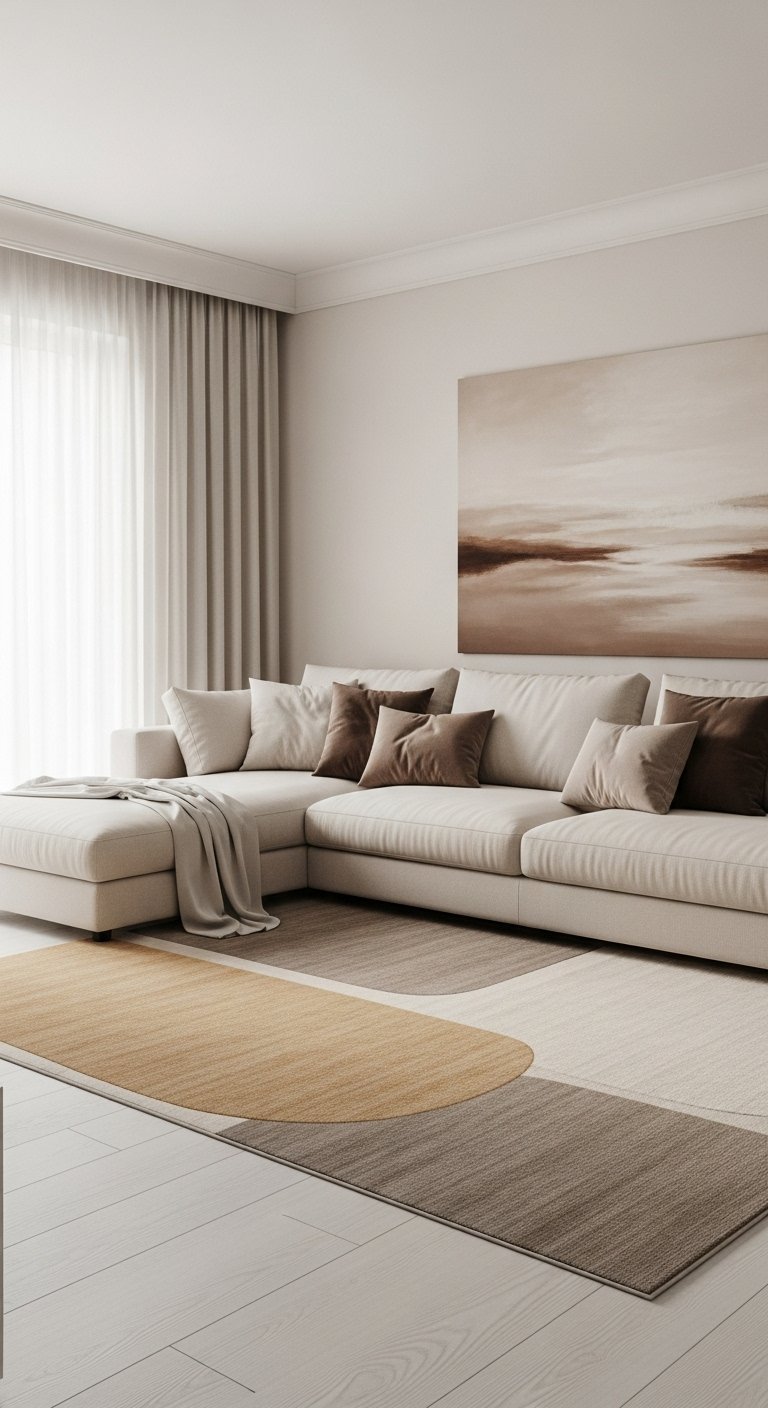 Tapis de salon minimaliste avec des formes géométriques de couleur neutre et un canapé beige