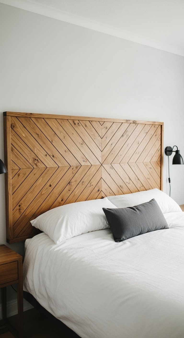 Tete de lit en bois clair avec un grand motif a chevrons