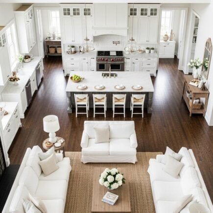 Vaste espace de vie blanc avec cuisine symétrique et parquet foncé