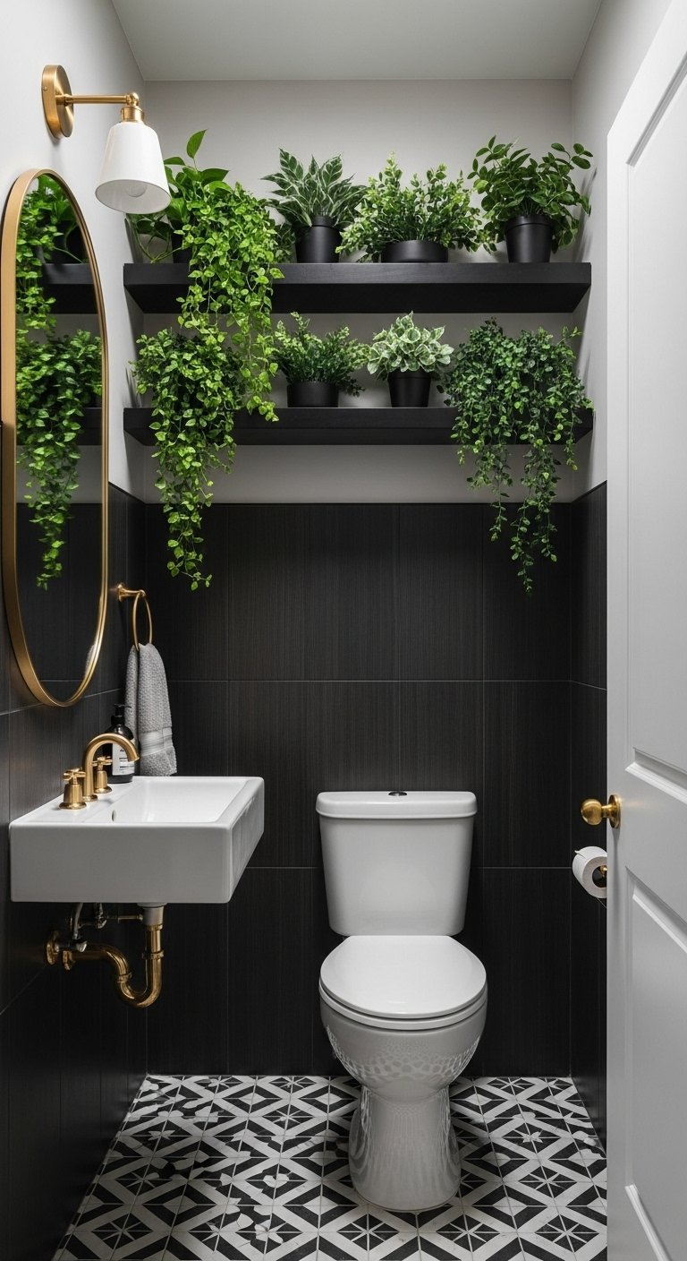 WC avec mur de carrelage noir et étagères remplies de plantes vertes