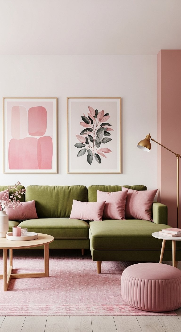 .Salon contemporain avec canape vert olive et coussins et tapis roses