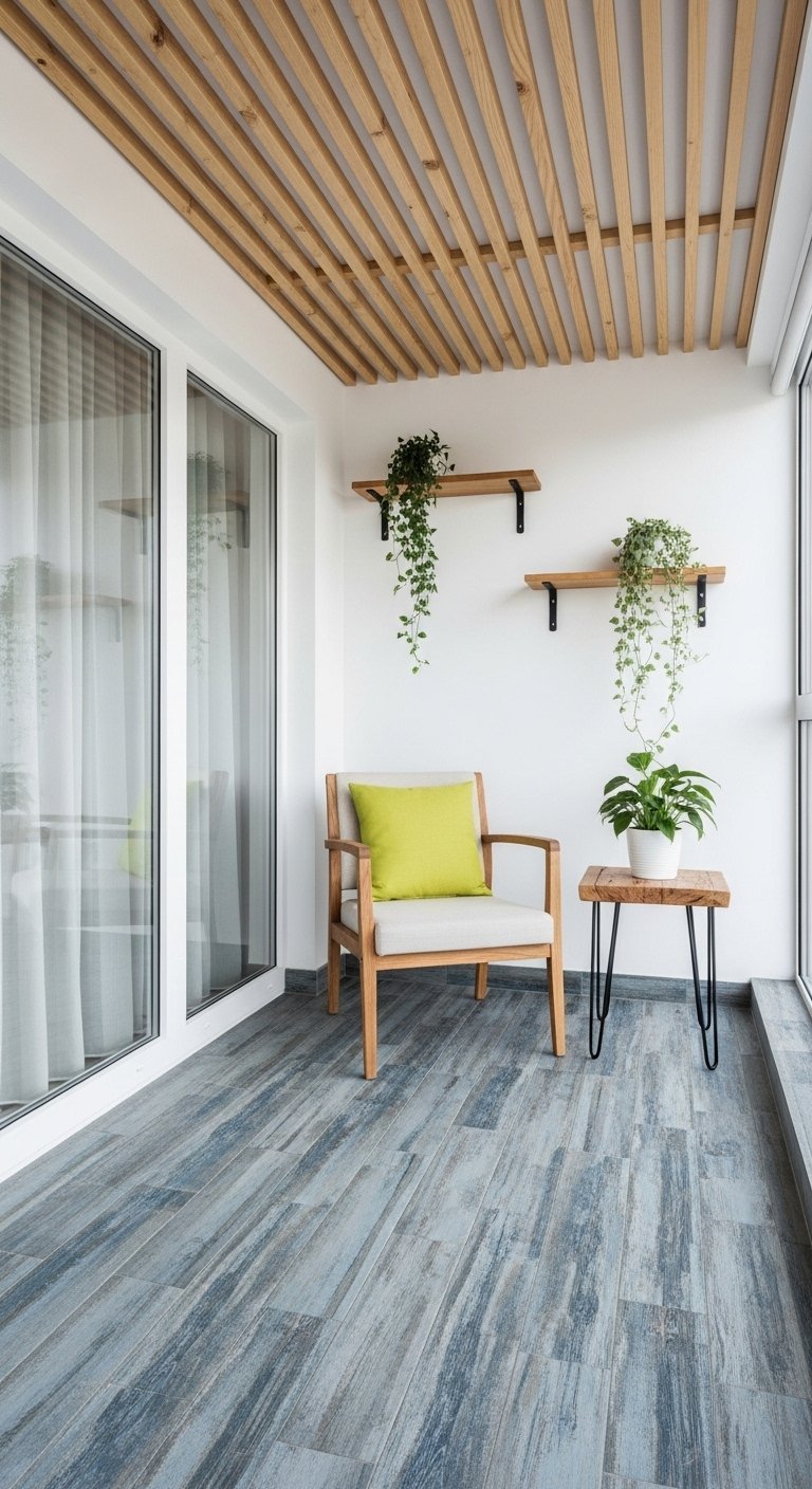 Aménagement de balcon minimaliste avec un fauteuil en bois et un plafond à lattes