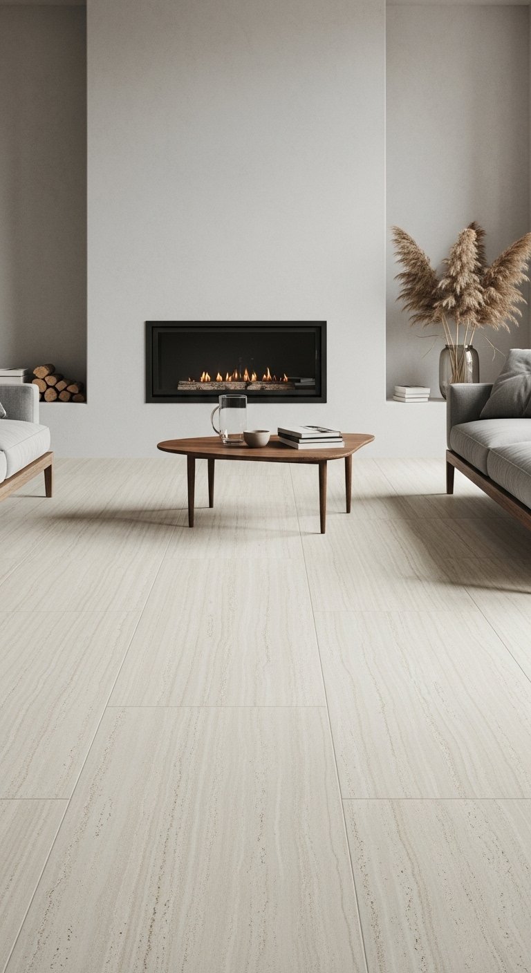 Carrelage de salon beige mat effet travertin dans un intérieur minimaliste