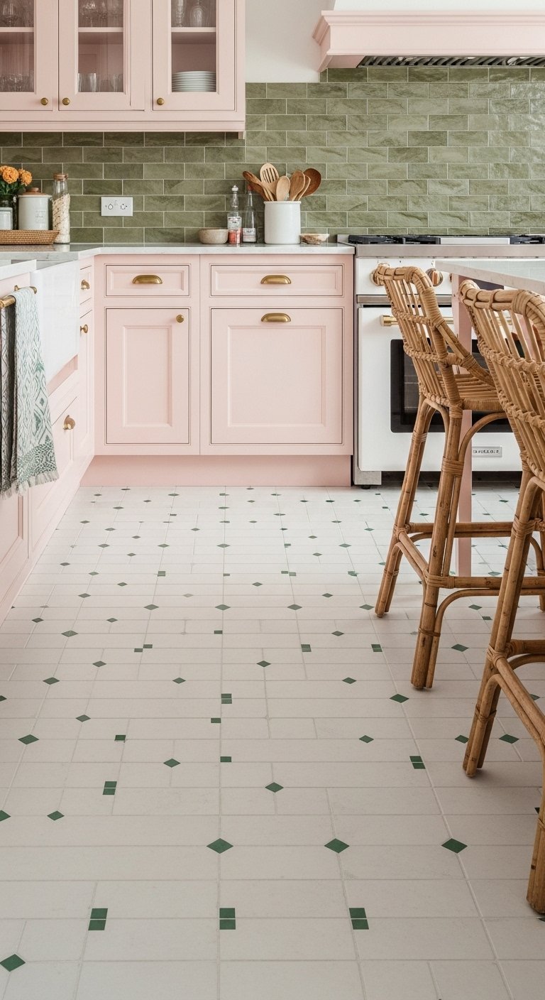 Carrelage de sol blanc avec details de cabochons verts dans cuisine rose