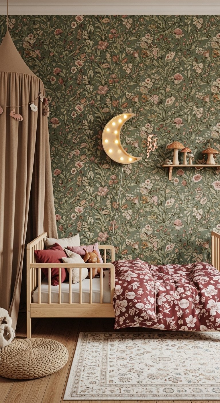 Chambre bebe avec papier peint floral fonce et lit en bois