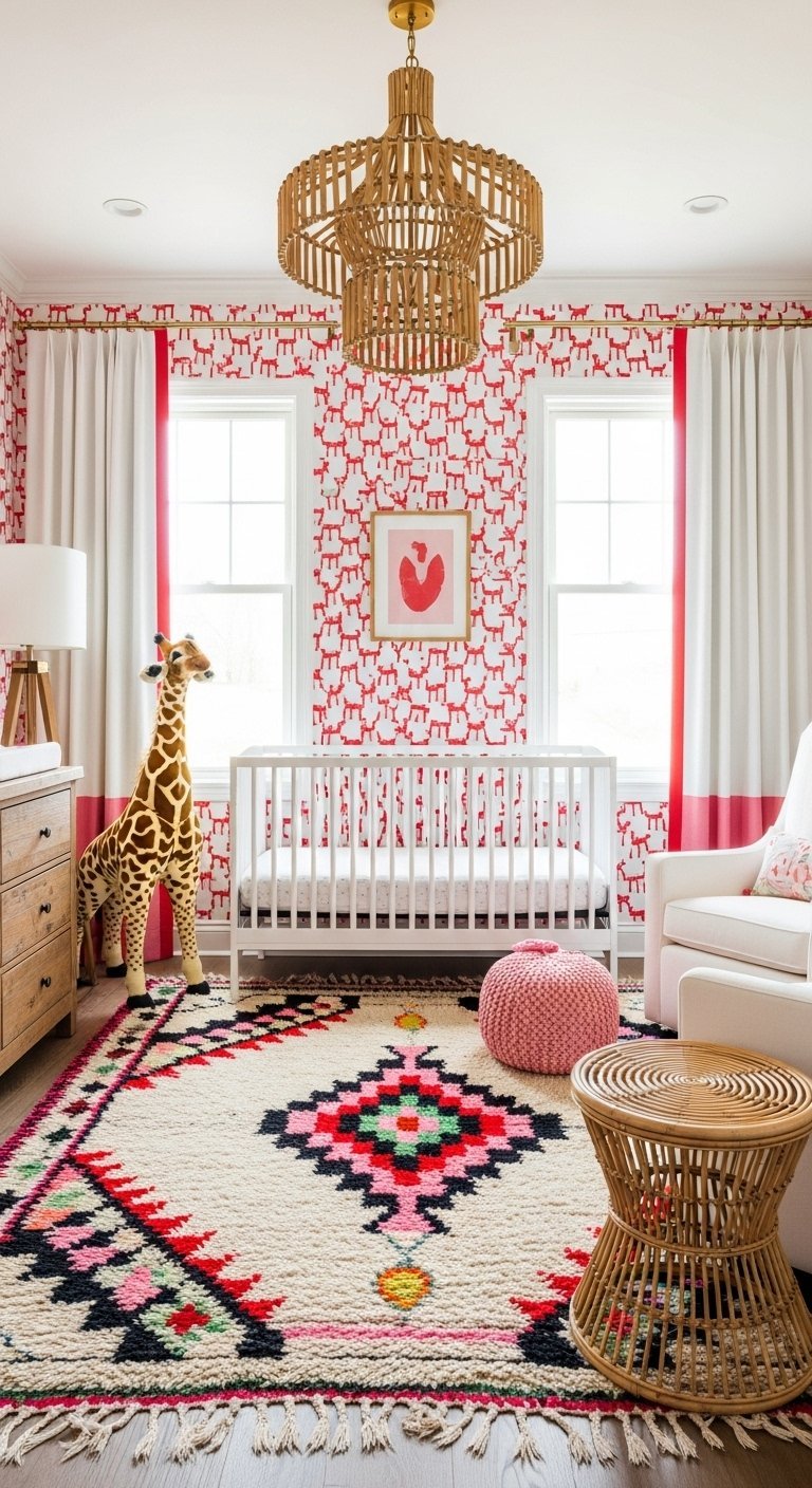 Chambre bébé colorée avec papier peint rouge et tapis graphique