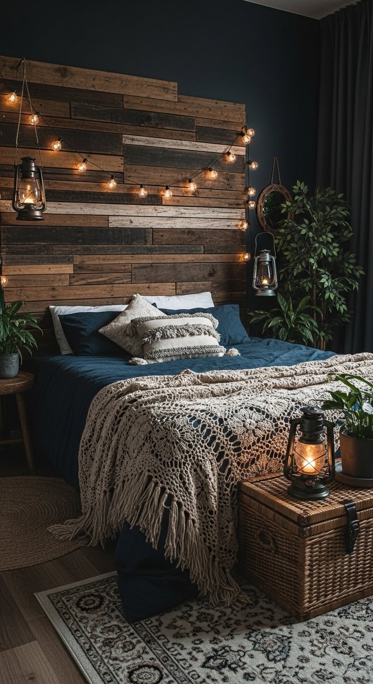 Chambre boheme sombre avec tete de lit en bois recycle et lanternes