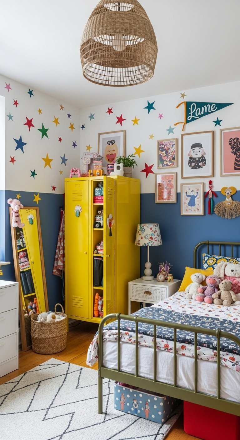 Chambre d ado colorée avec un casier de rangement en métal jaune vif