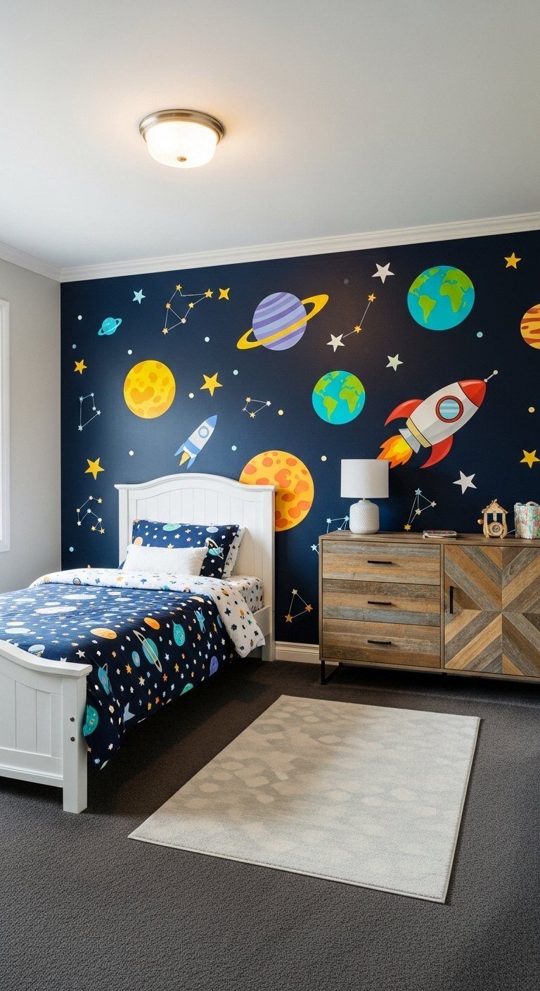 Chambre de garçon sur le thème de l espace avec des stickers muraux de planètes colorées