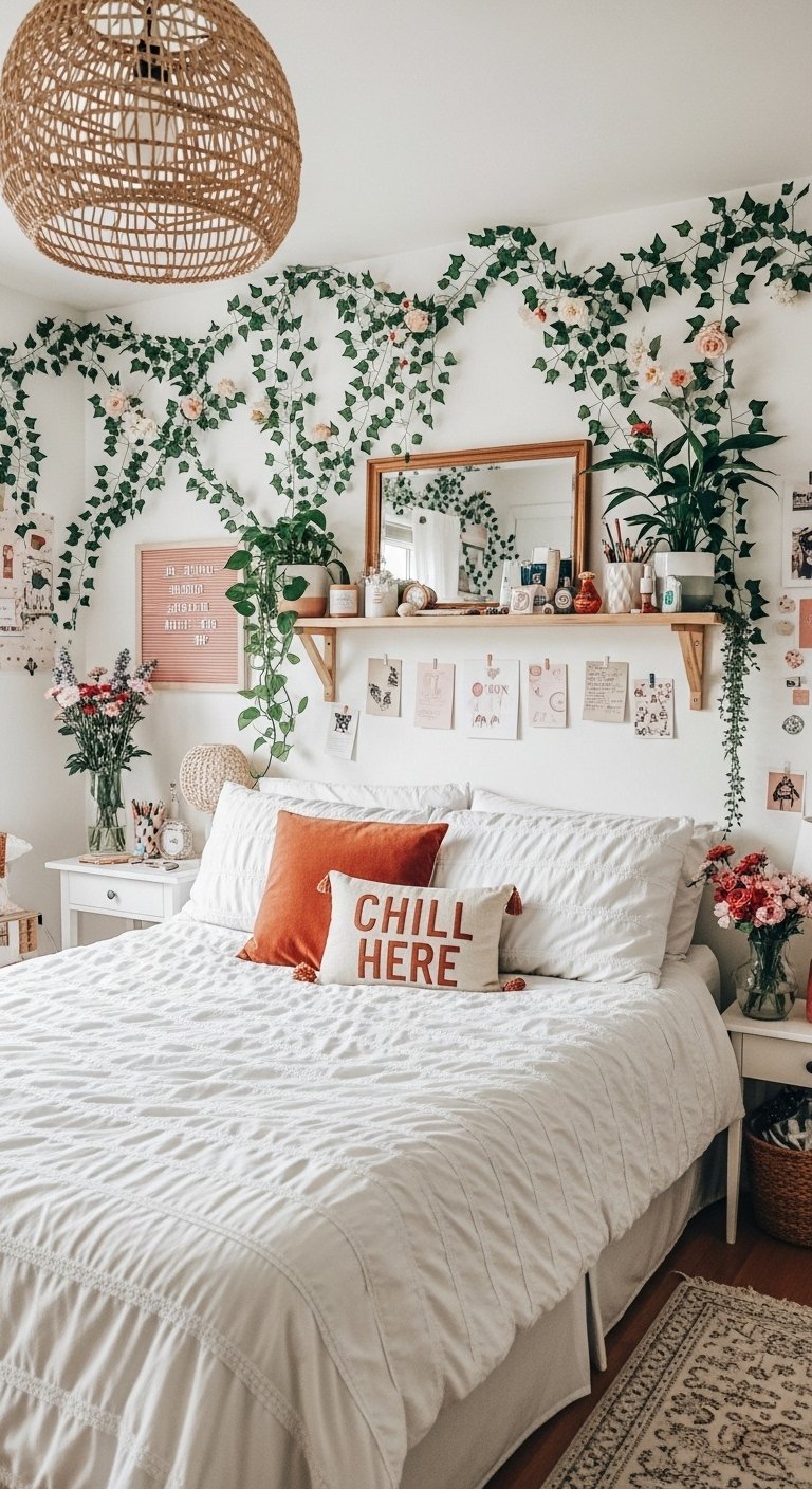 Chambre de style bohème avec du lierre grimpant sur le mur blanc au dessus du lit