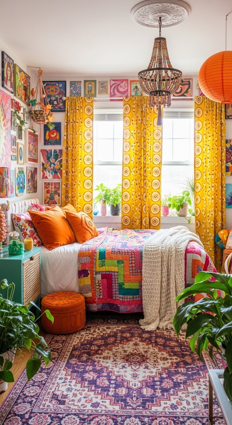 Chambre de style maximaliste avec murs colorés et lit à motifs vifs