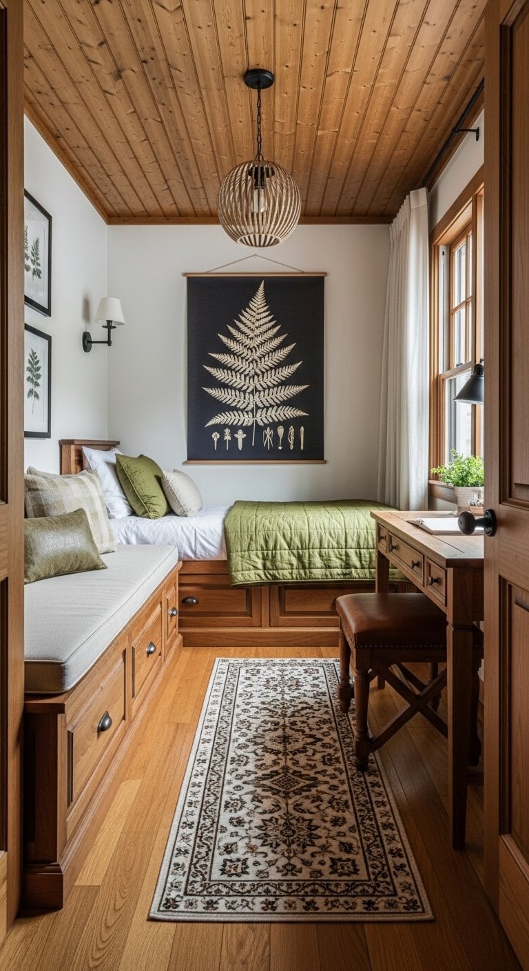 Chambre étroite de style cabane avec murs et plafond en lattes de bois