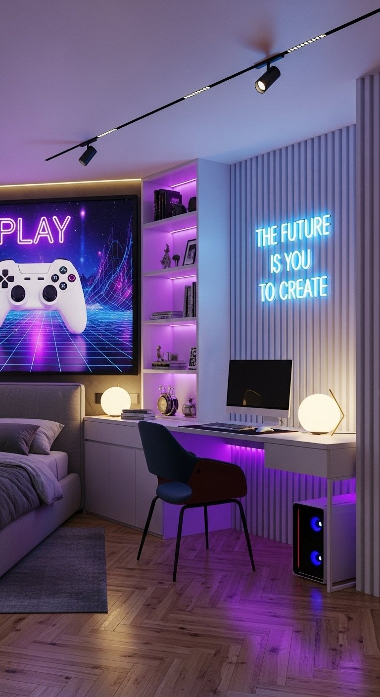 Chambre garcon moderne setup gaming avec eclairage LED violet