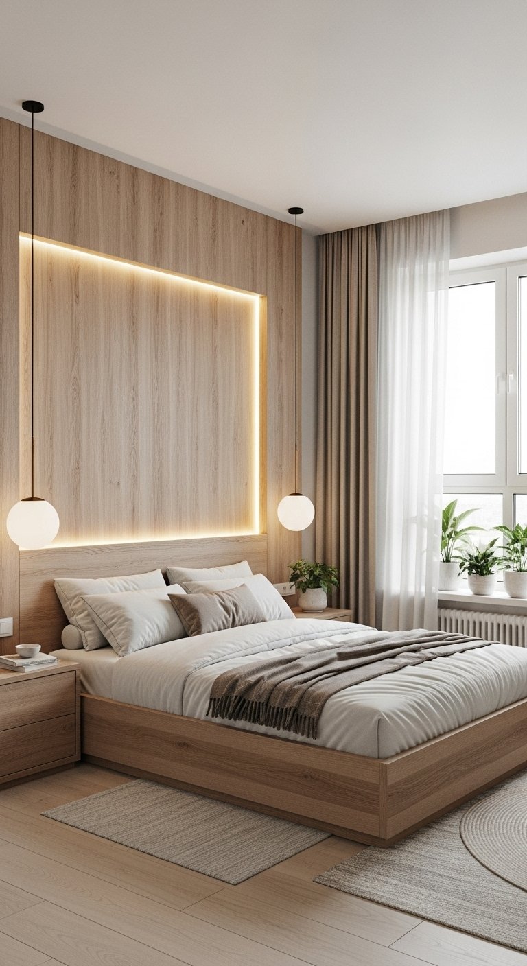 Chambre moderne avec tête de lit en bois à éclairage LED intégré