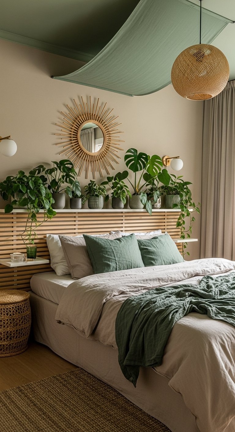 Chambre moderne beige avec tete de lit en tasseaux et nombreuses plantes vertes