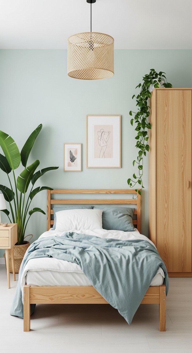 Chambre scandinave avec mur vert d eau et mobilier en bois clair
