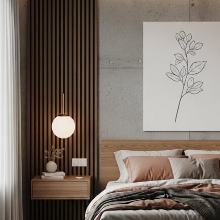 Chambre style Japandi avec mur en béton et tasseaux de bois