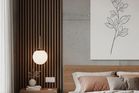 Chambre style Japandi avec mur en béton et tasseaux de bois
