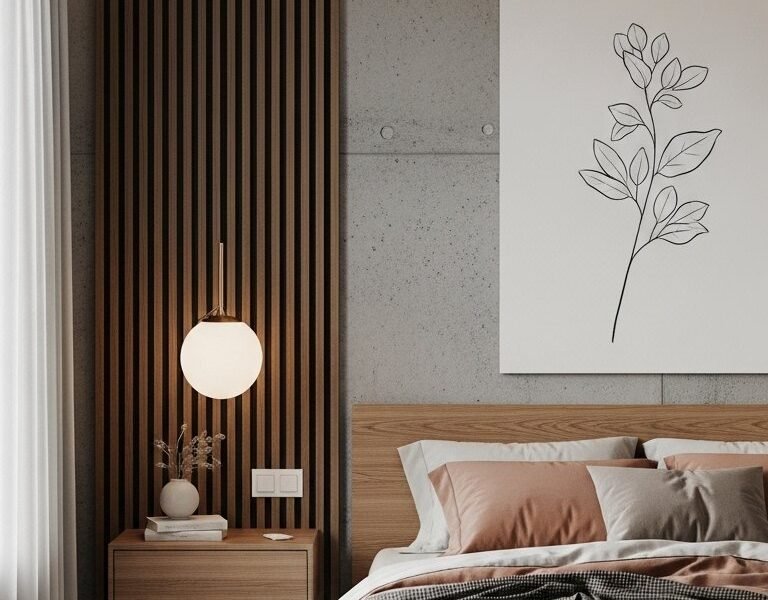 Chambre style Japandi avec mur en béton et tasseaux de bois