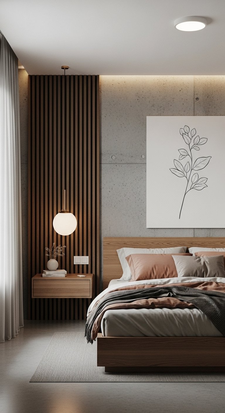 Chambre style Japandi avec mur en béton et tasseaux de bois
