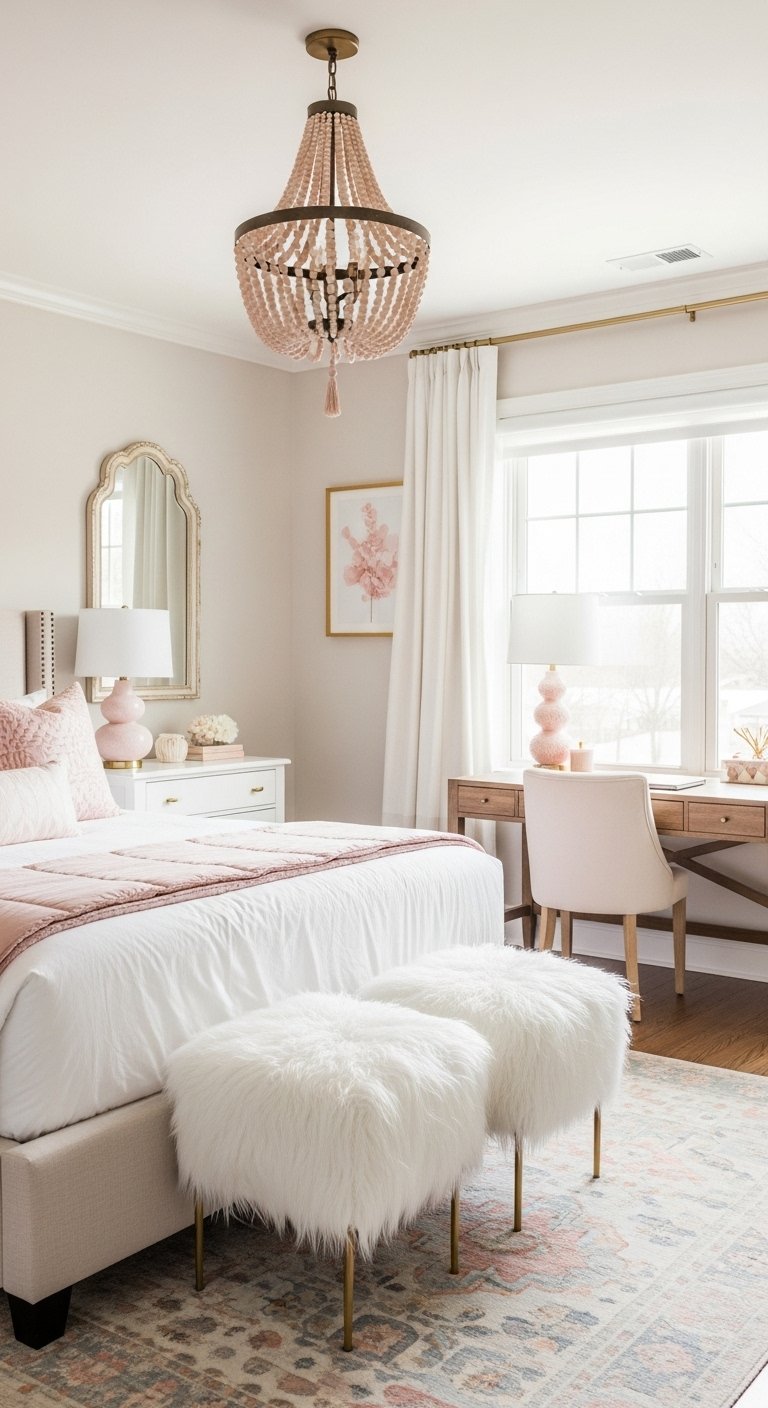 Décoration chambre femme douce avec lustre en perles et coin bureau